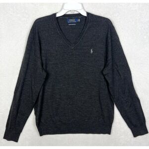 Polo Ralph Lauren Merino Wool V Neck Sweater Mens Large Gray Knit Pullover